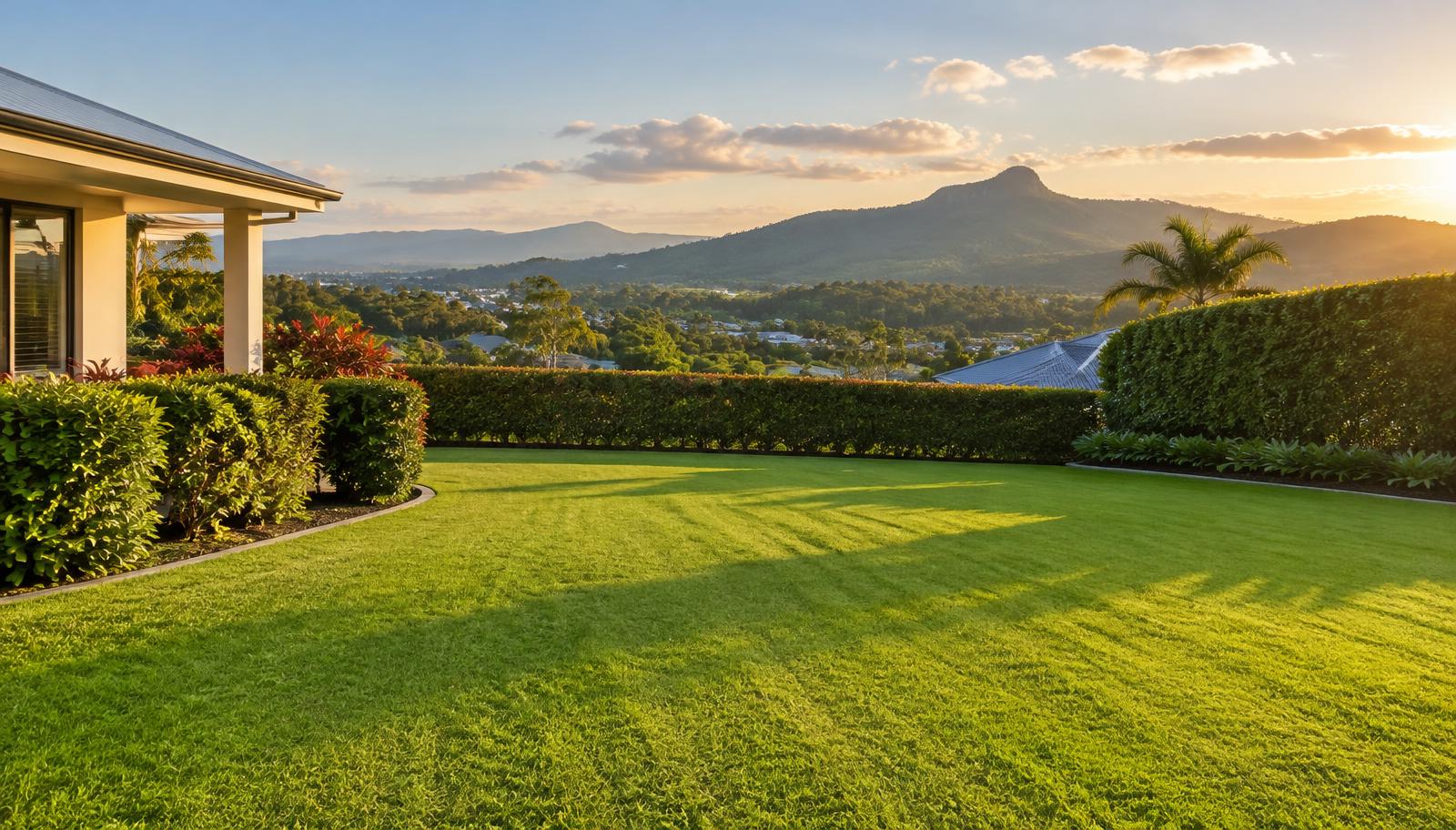 Freshly mowed lawn with trimmed hedges near Nerang